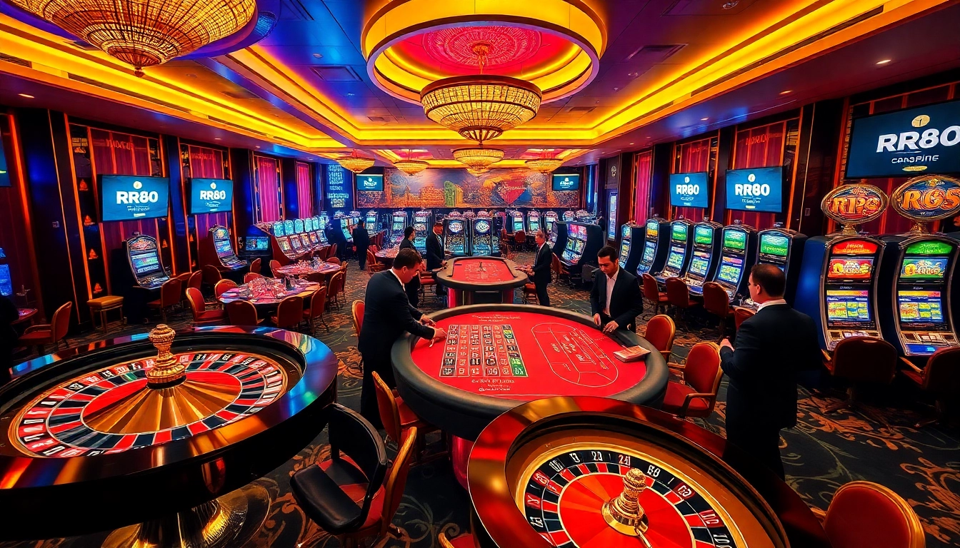 RR88 casino scene with players at roulette and slot machines, showcasing excitement and luxury.
