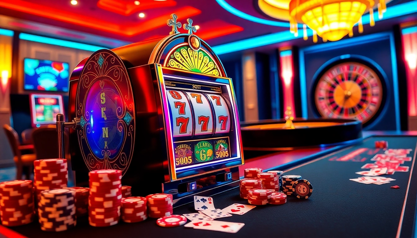 A casino scene showcasing a winning slot machine while playing pen 4d with colorful poker chips and cards.