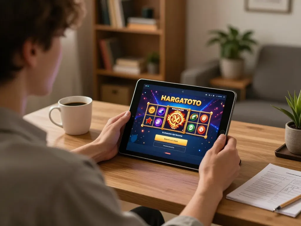 Engaging in the HARGATOTO login for online slot games in a cozy home workspace.