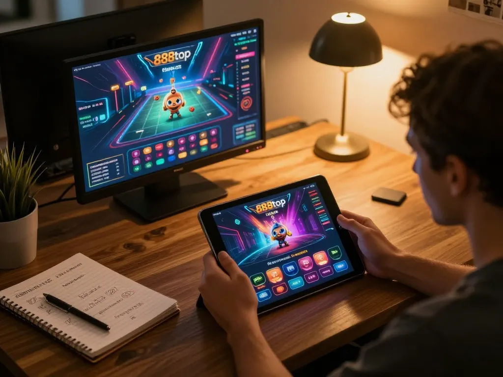 Player engaging with the 888top app on a tablet, analyzing betting strategies in a cozy home setting.