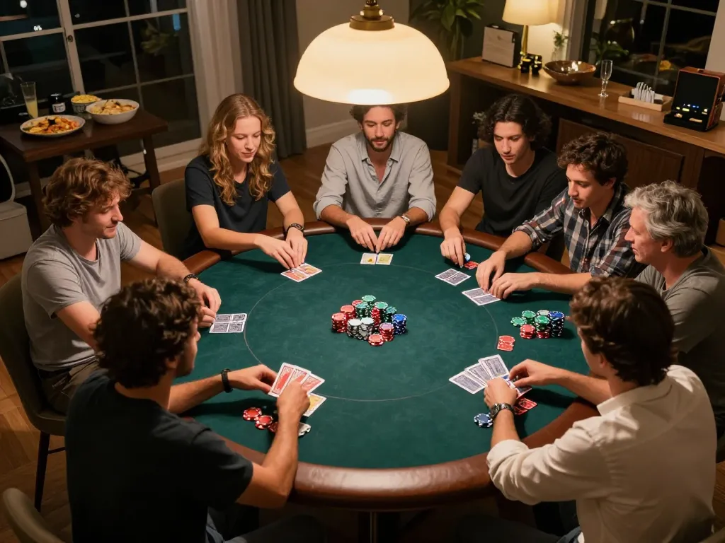 Friends engaged in an intense poker game at home, showcasing the fun of 3win actor.