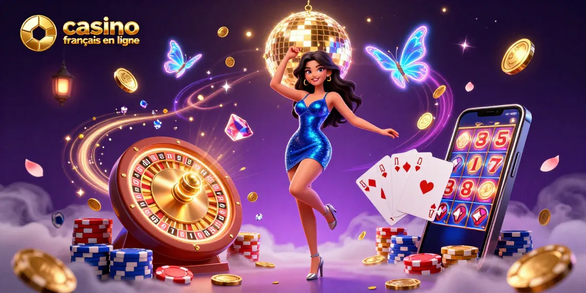 Découvrez l'atmosphère vibrante du casino français en ligne avec une danseuse glamour et des éléments de jeu étincelants.