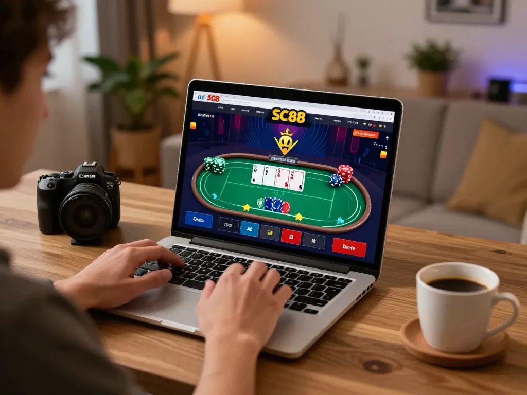 Engaging in poker gameplay on SC88's online platform, showcasing chips and cards during a strategic session.