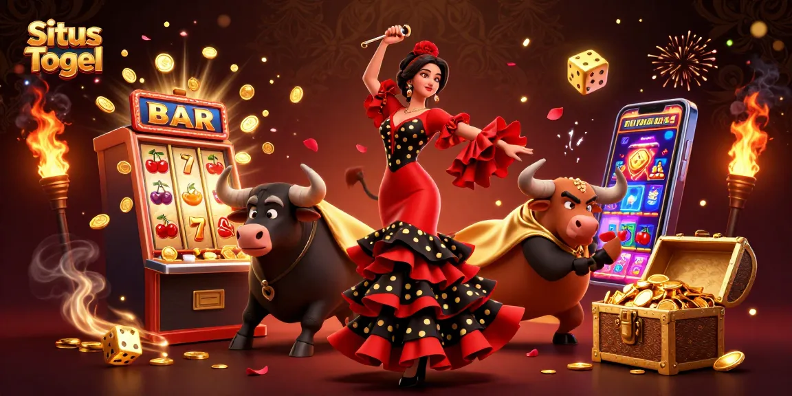 Situs Togel excitement comes alive as a woman in a flamenco dress dances amid casino symbols and golden treasures.