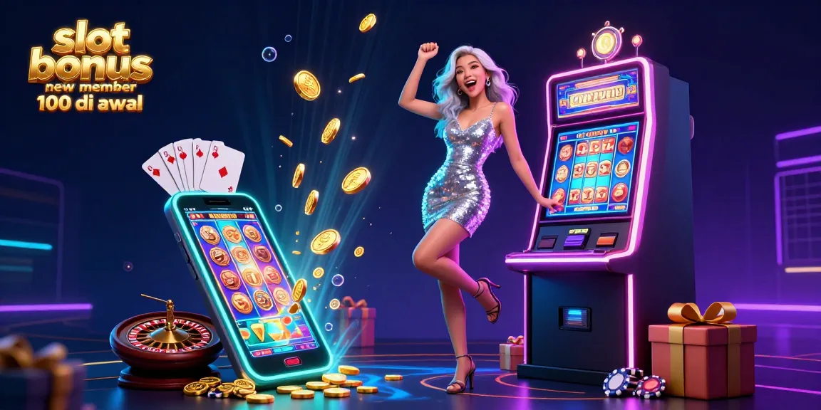 Spin to win with slot bonus new member 100 di awal as golden coins erupt from a jackpot machine.