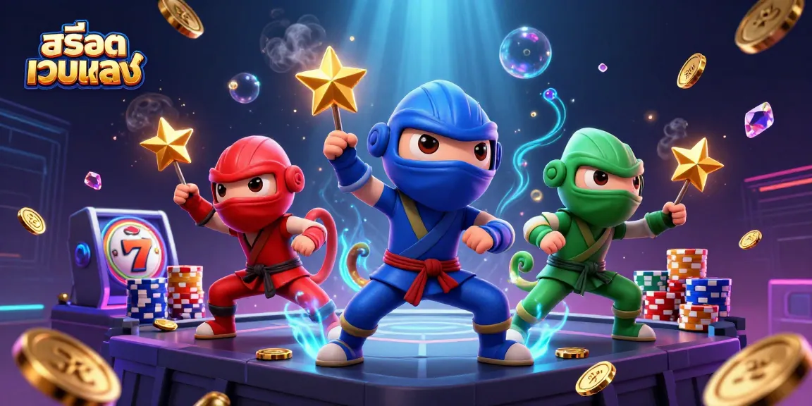 Engaging illustration featuring สล็อตเว็บตรง with chameleon ninjas performing martial arts, adorned with coins and slot reels.