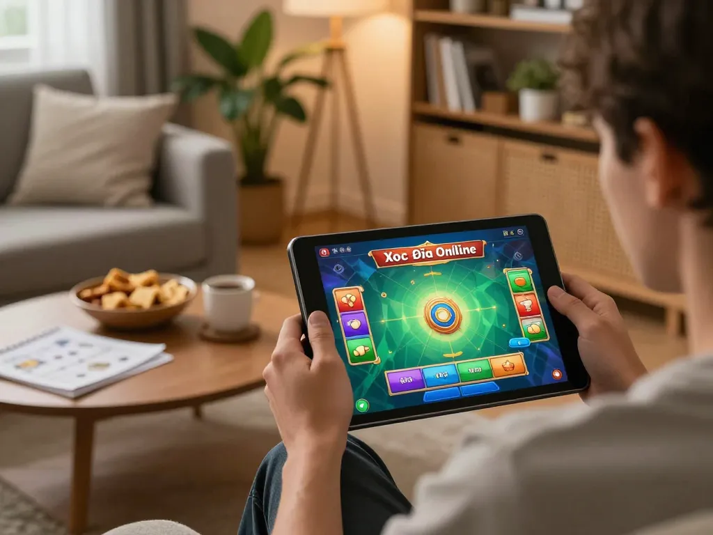 Xóc Đĩa Online gameplay on tablet, showcasing exciting betting options and cozy home gaming atmosphere