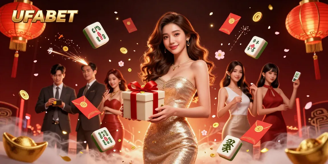 Win big at UFABET with stunning 3D casino scene featuring a celebratory woman and festive elements.