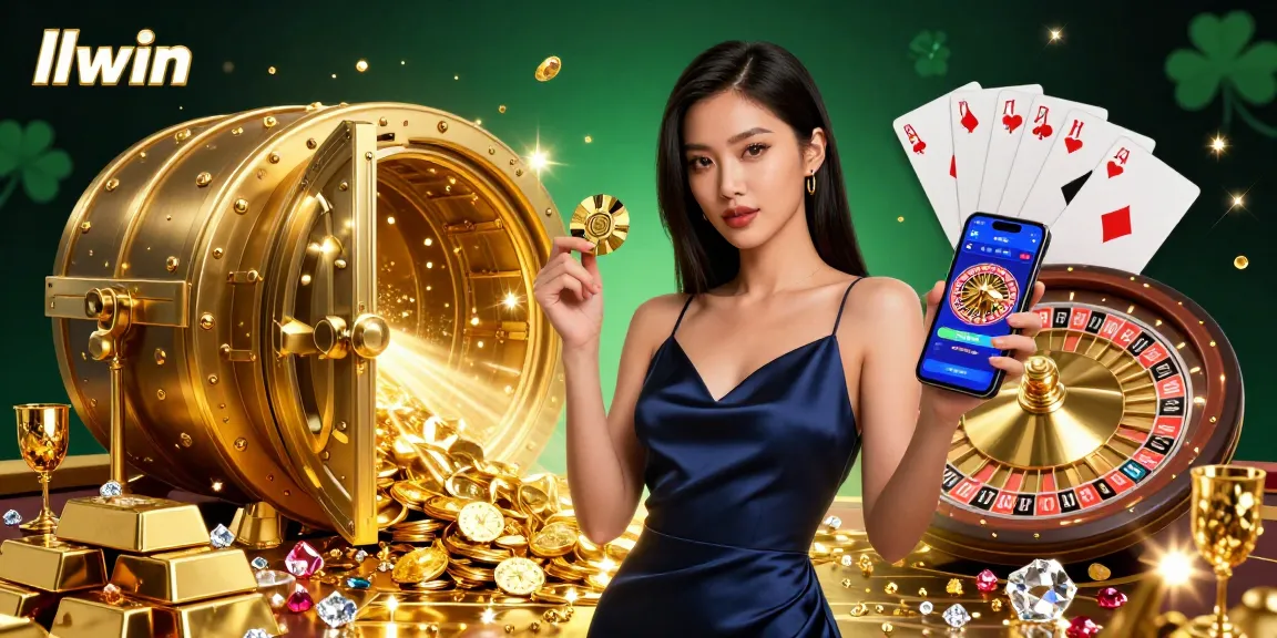 Win big at llwin casino with a stunning Asian woman holding a smartphone and golden chip.