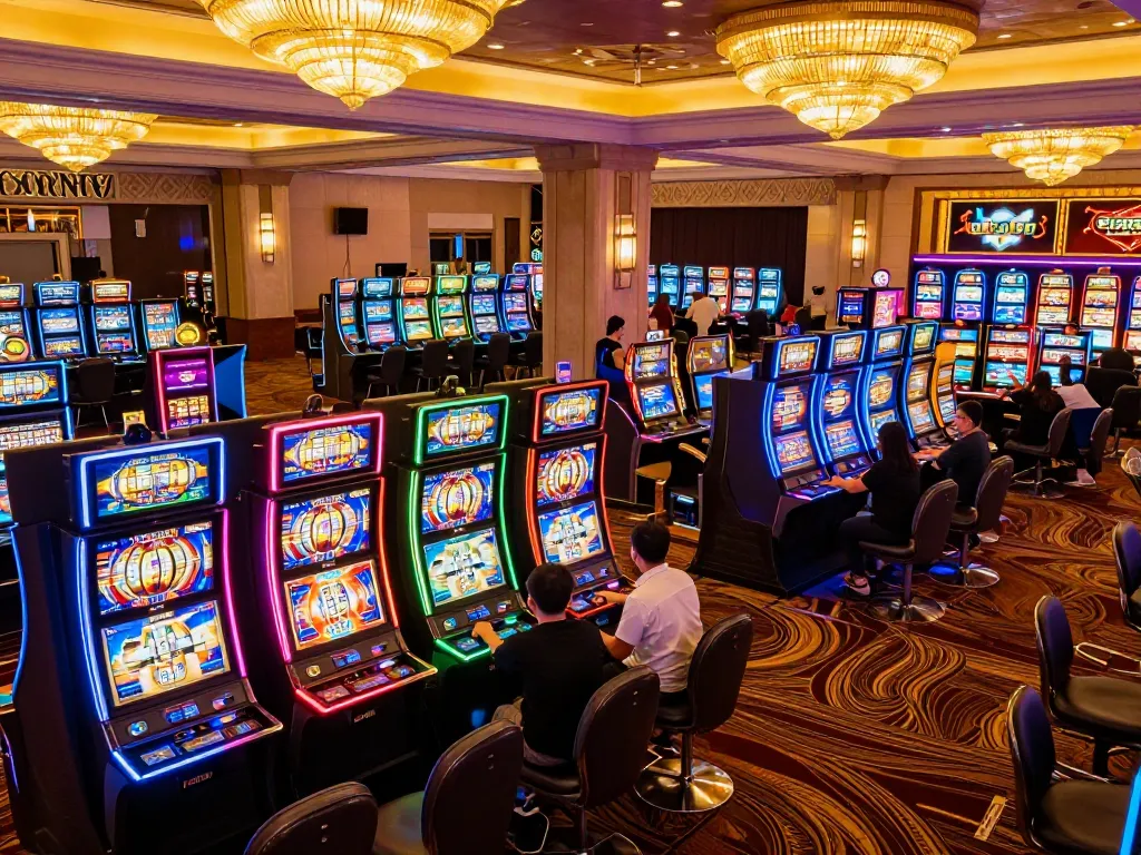 Situs slot players engaging with colorful machines in vibrant casino atmosphere, showcasing excitement and gaming diversity.