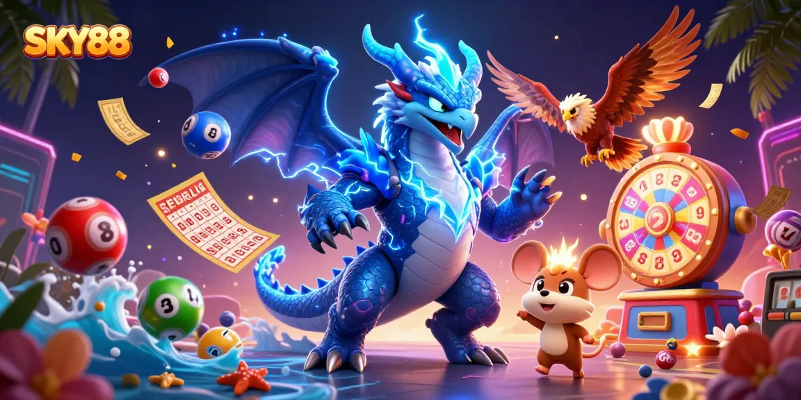 Engage in thrilling lottery action with SKY88 featuring vibrant characters and dynamic prize elements.