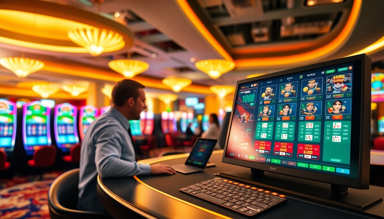 Menampilkan SLOT365 LINK dalam suasana kasino yang ramai dan berwarna-warni.