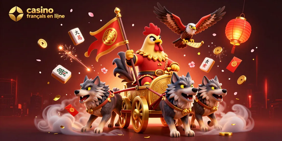 Interagissez avec casino francais en ligne grâce à une illustration 3D époustouflante mettant en scène un seigneur de guerre coq et des éléments de casino dynamiques.