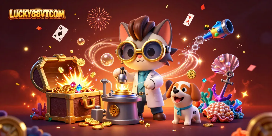 LUCKY88VTCOM article showcasing a vibrant casino scene with mad scientist and golden treasures.