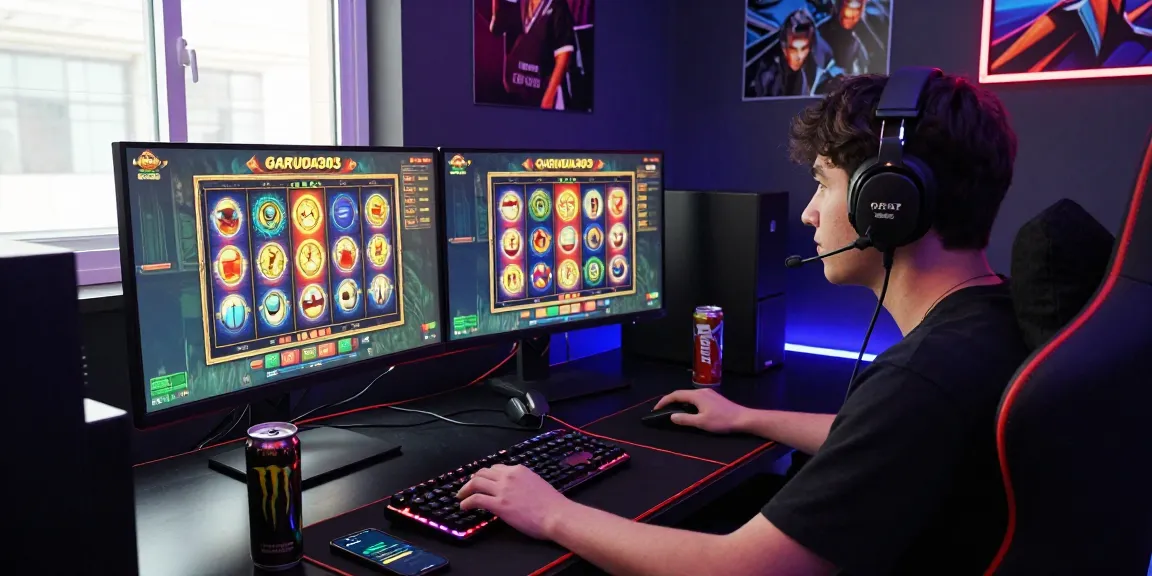 Exciting online gaming setup featuring garuda303 with vibrant slot graphics and a focused player.