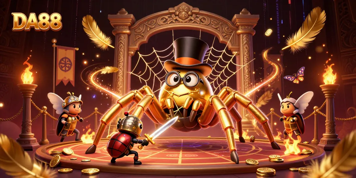 Celebrate DA88 with a vibrant casino scene featuring a golden tarantula and beetle knight amid swirling golden particles.