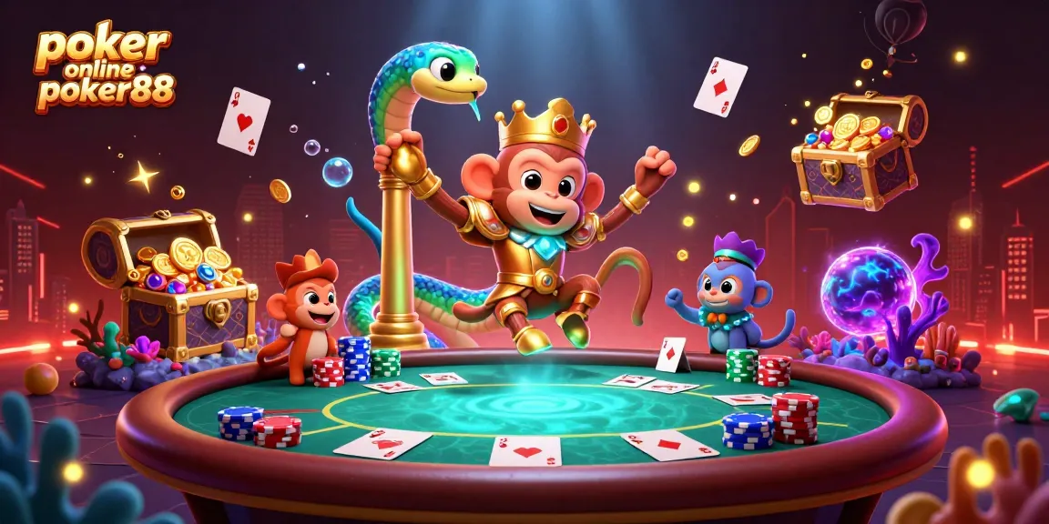 Experience thrilling poker online poker88 with engaging gameplay around a vibrant poker table and golden treasures.