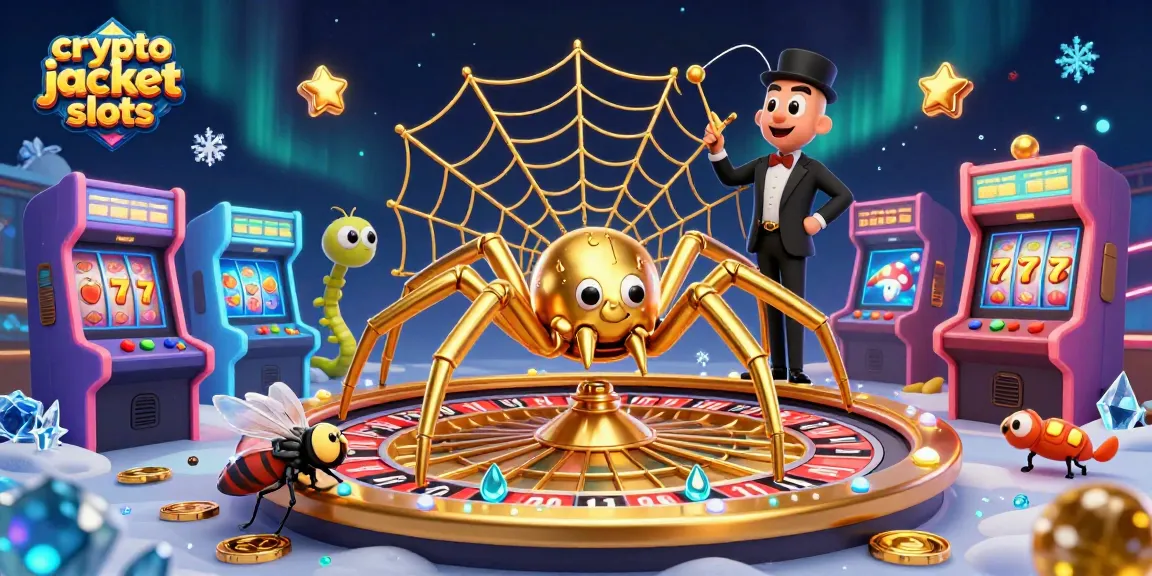 Experience thrilling crypto jackpot slots action as cartoon characters interact in a vibrant casino scene.
