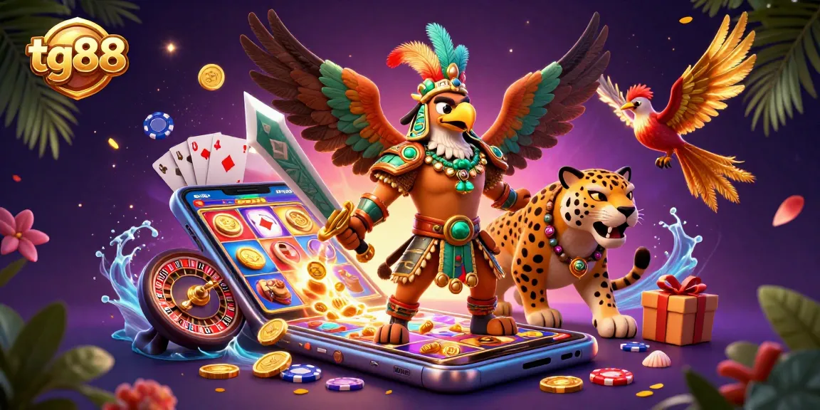 Engage with tg88's vibrant slot games featuring a dynamic Aztec scene filled with colorful rewards.
