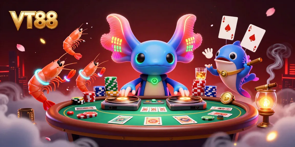 VT88's axolotl DJ and glow-stick shrimp create an electrifying gaming atmosphere at a poker table.