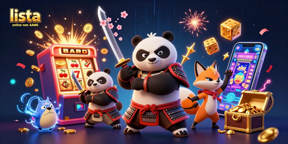 Vivi un'azione emozionante con lista casino online non AAMS che presenta panda samurai e volpe ninja tra elementi da casinò abbaglianti.