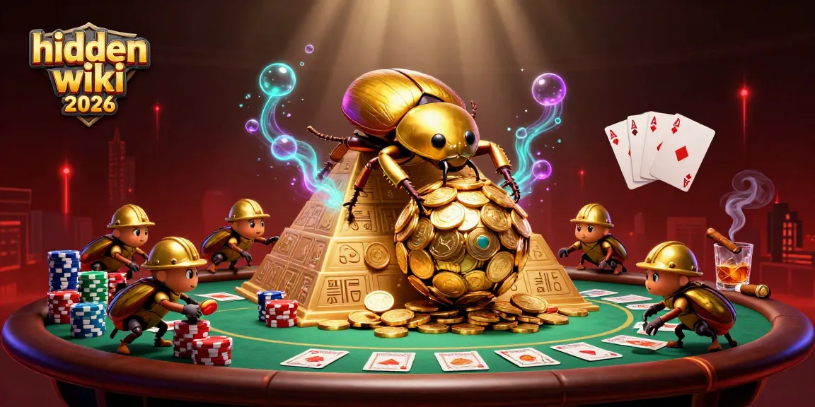 Engage with hidden wiki 2026 in this vibrant scene of casino-themed beetles and poker action.