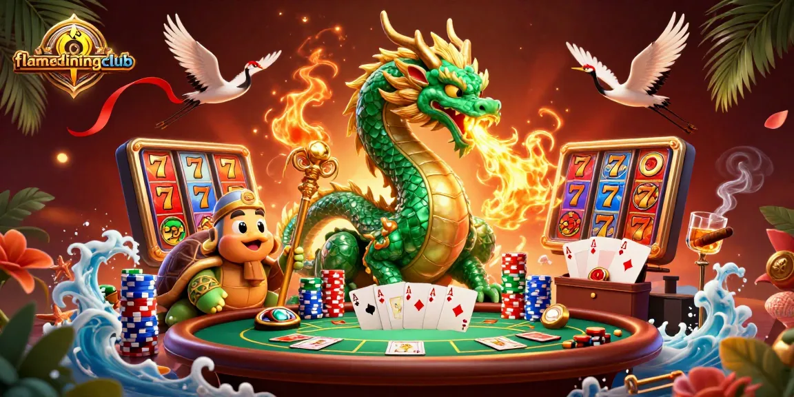 Experience thrilling slots with flamediningclub, featuring a majestic dragon and vibrant casino elements.