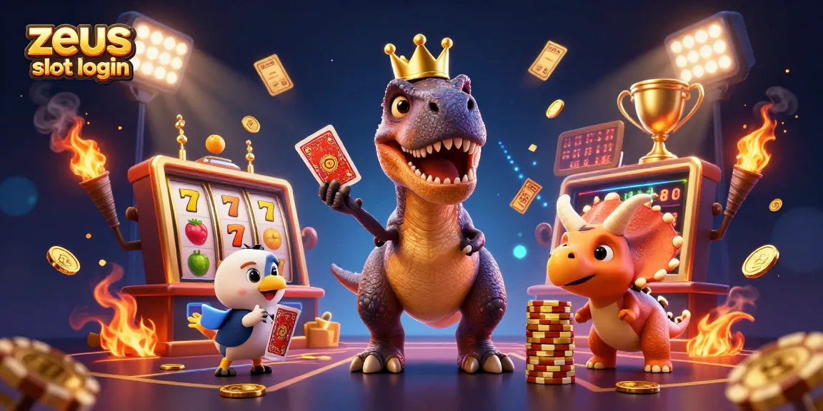 Experience immersive gameplay with zeus slot login, featuring a dinosaur trio in a vibrant casino setting.