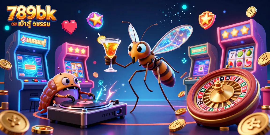 Engage with 789bk com เข้า สู่ ระบบ, showcasing a vibrant casino scene with a frozen mosquito, trilobite DJ, and roulette wheel.