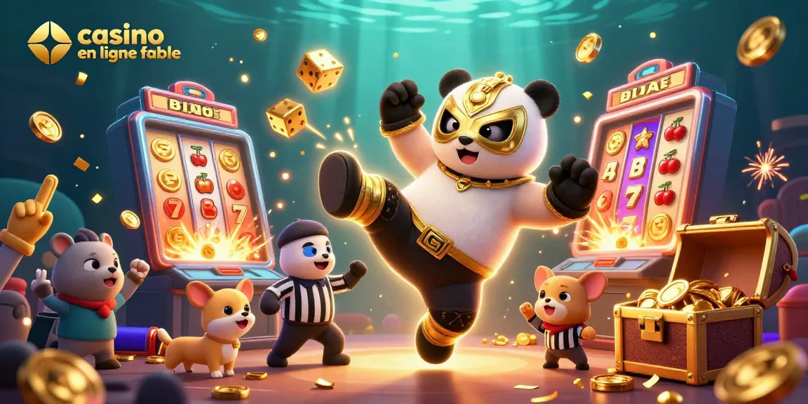 Expérience immersive de casino en ligne fiable, mettant en scène un panda catcheur et un chihuahua arbitre.