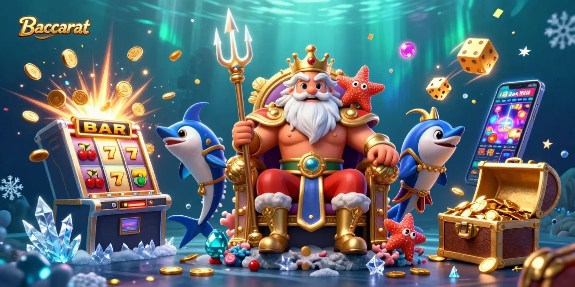 Baccarat game illustrated with 3D characters, slot symbols, and dynamic casino elements.