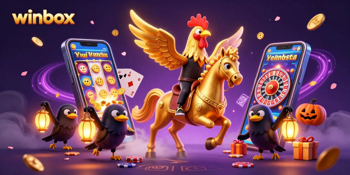 Winbox offers thrilling casino action with a golden rooster and spectral horse amidst a vibrant gambling scene.