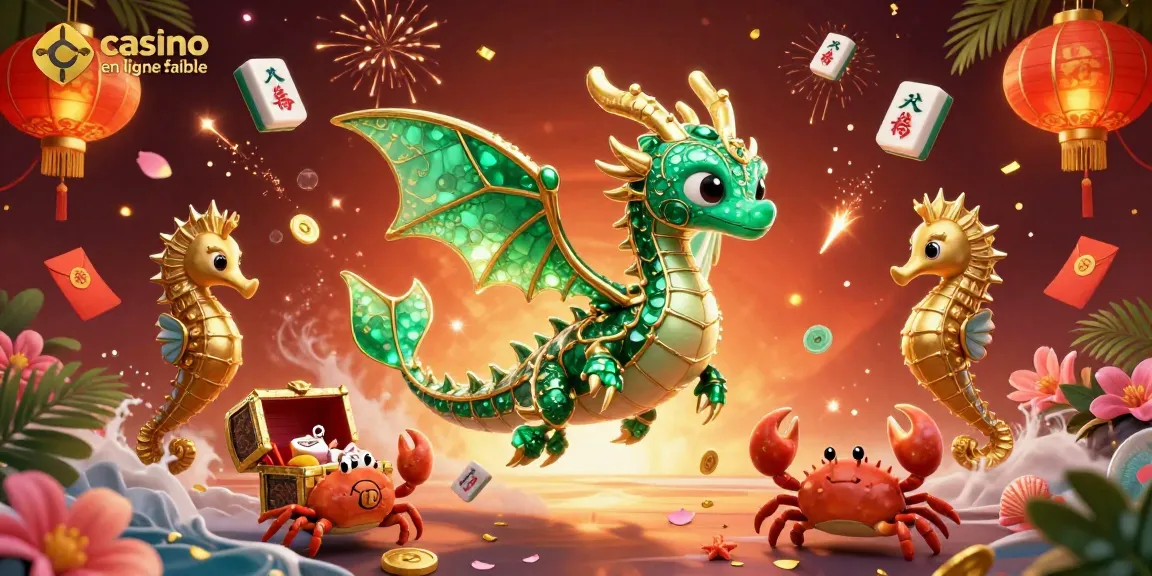 Ce tableau 3D vibrant illustre les éléments d'un casino en ligne fiable avec des dragons marins et des trésors.