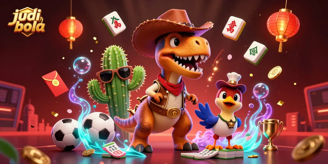 Experience judi bola excitement with a vibrant 3D scene featuring a cowboy dinosaur and dynamic sports elements.