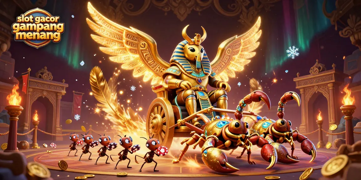Slot gacor gampang menang, ilustrasi 3D kasino yang menampilkan karakter bertema Mesir kuno dan elemen permainan.