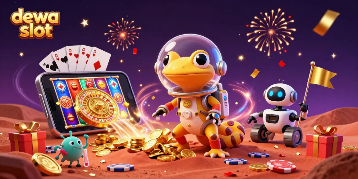 Mainkan dewa slot dalam suasana kasino fantastis di Mars dengan gecko kartun dan robot membawa bendera emas.