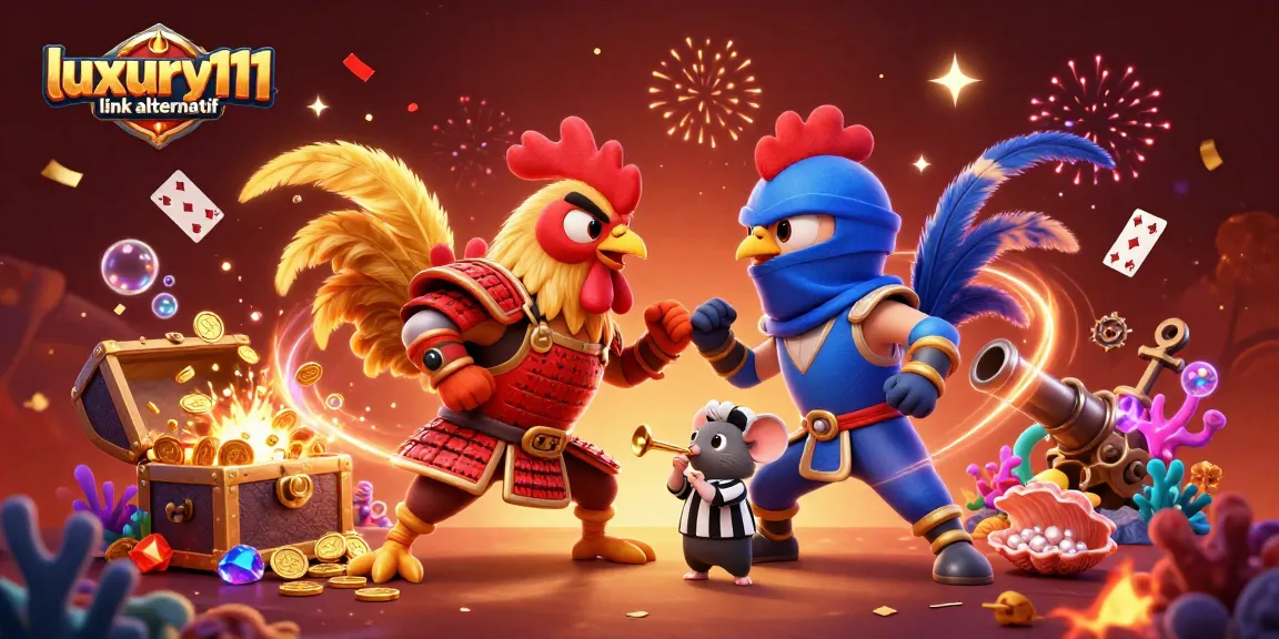 Engage with luxury111 link alternatif in an action-packed cartoon scene featuring fighting roosters and vibrant casino elements.
