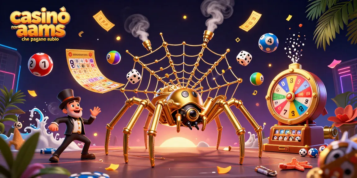 Casinò non AAMS che pagano subito con web di ragnatela d'oro e palline della lotteria danzanti.