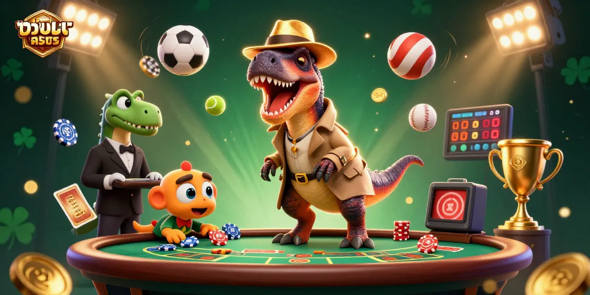 Bet big on แทงบอล with a cartoon velociraptor card counter at a blackjack table lively scene.