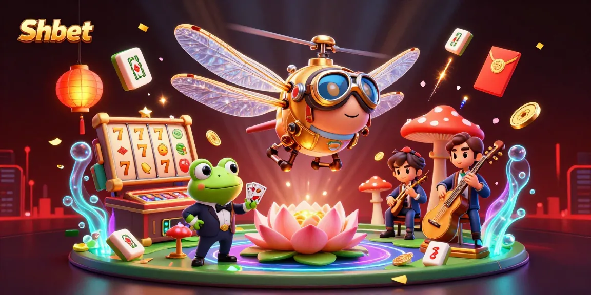 Shbet's exciting casino illustration featuring a whimsical dragonfly pilot, lively frog dealer, and jazz-playing crickets.