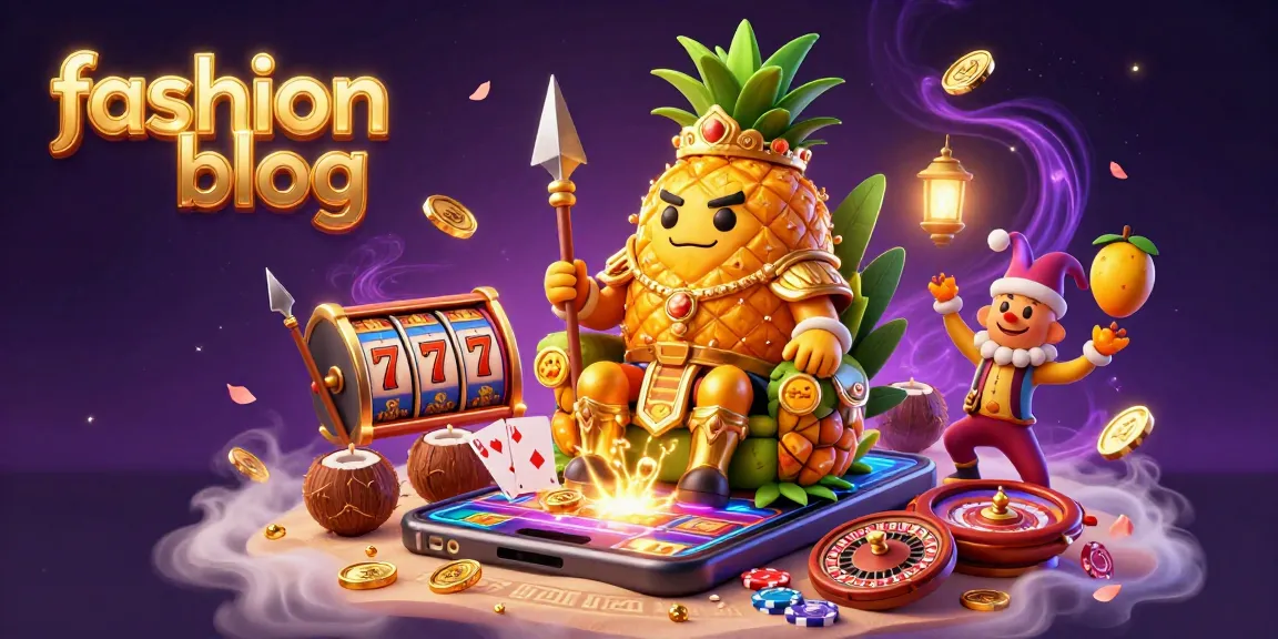 Engaging scene on a fashion blog showcasing a tropical casino atmosphere with golden pineapple king and dynamic slot elements.