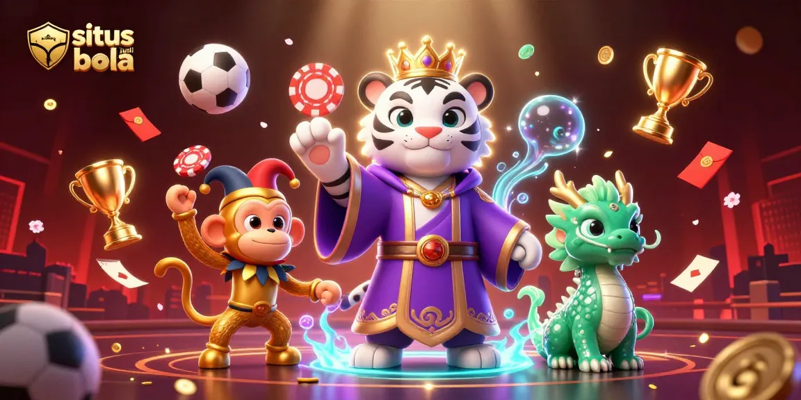 Experience situs judi bola excitement with a vibrant 3D illustration showcasing a royal tiger, playful monkey, and jade dragon.
