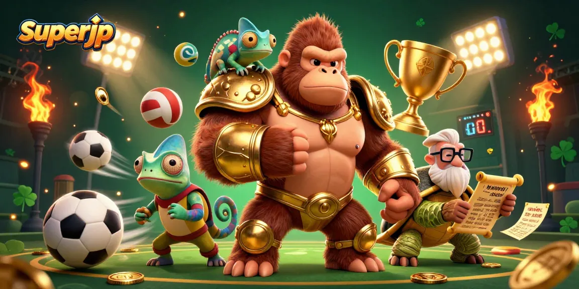Bet on superjp with thrilling gorilla king and sports elements in a vibrant casino scene.